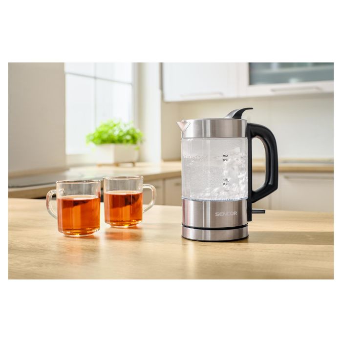 Електрочайник Sencor 0.5л, Strix, пластик, в комплекті 2 склянки + 2 ложки, скло, нерж. сталь