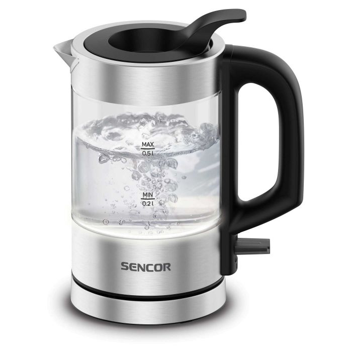 Електрочайник Sencor 0.5л, Strix, пластик, в комплекті 2 склянки + 2 ложки, скло, нерж. сталь