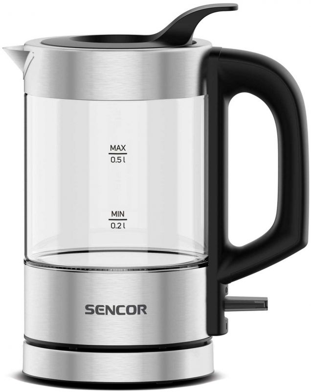 Електрочайник Sencor 0.5л, Strix, пластик, в комплекті 2 склянки + 2 ложки, скло, нерж. сталь