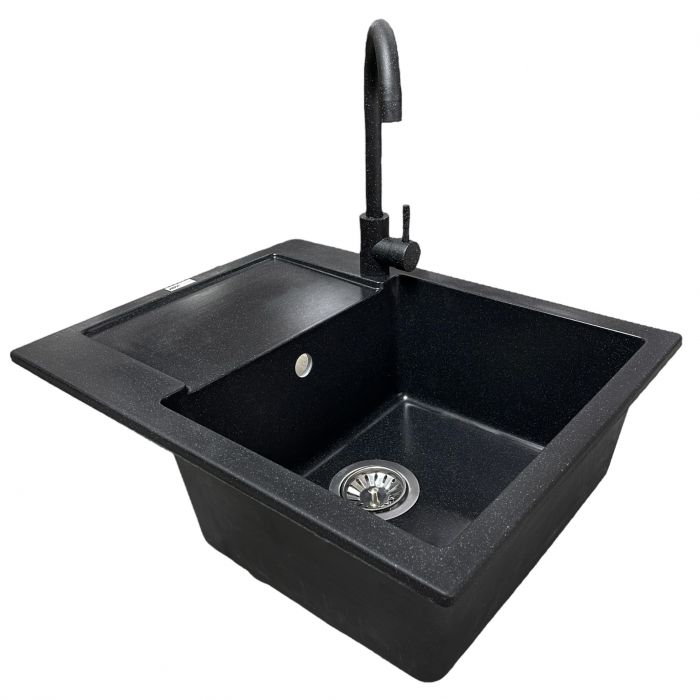Набір кухонний Adamant Minimal, штучний камінь, прямокут., з крилом, 615х495х200мм, чаша - 1, врізна, чорний + змішувач та дозатор