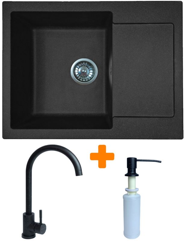 Набір кухонний Adamant Minimal, штучний камінь, прямокут., з крилом, 615х495х200мм, чаша - 1, врізна, чорний + змішувач та дозатор