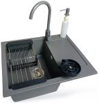 Набір кухонний Adamant Minimal, штучний камінь, прямокут., з крилом, 615х495х200мм, чаша - 1, врізна, сірий + змішувач + дозатор + ополіскувач склянок + коландер