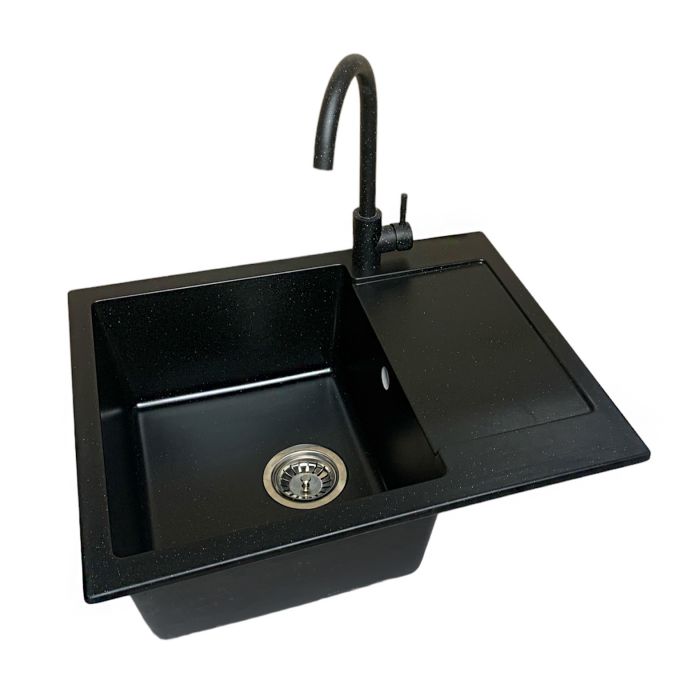 Набір кухонний Adamant Minimal, штучний камінь, прямокут., з крилом, 615х495х200мм, чаша - 1, врізна, чорний + змішувач + дозатор + ополіскувач склянок + коландер
