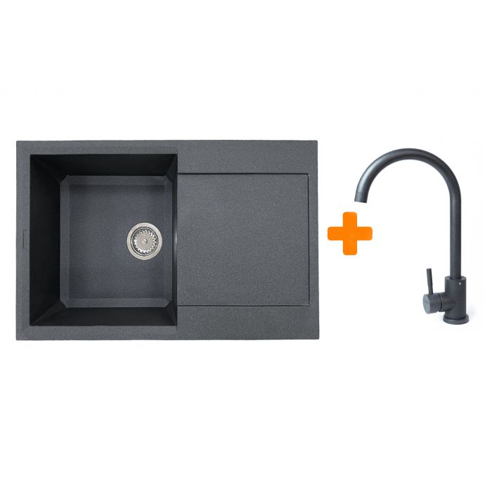 Набір кухонний Adamant Horizon, штучний камінь, прямокут., з крилом, 780х495х230мм, чаша - 1, врізна, графіт + змішувач