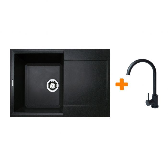 Набір кухонний Adamant Horizon, штучний камінь, прямокут., з крилом, 780х495х230мм, чаша - 1, врізна, чорний + змішувач
