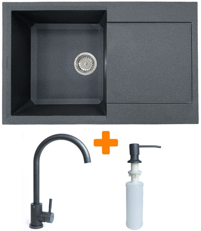 Набір кухонний Adamant Horizon, штучний камінь, прямокут., з крилом, 780х495х230мм, чаша - 1, врізна, графіт + змішувач та дозатор