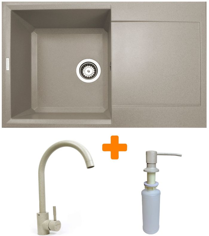 Набір кухонний Adamant Horizon, штучний камінь, прямокут., з крилом, 780х495х230мм, чаша - 1, врізна, Avena + змішувач та дозатор