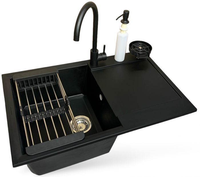 Набір кухонний Adamant Horizon, штучний камінь, прямокут., з крилом, 780х495х230мм, чаша - 1, врізна, антрацит + змішувач + дозатор + ополіскувач склянок + коландер