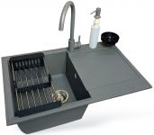 Набір кухонний Adamant Horizon, штучний камінь, прямокут., з крилом, 780х495х230мм, чаша - 1, врізна, сірий + змішувач та дозатор