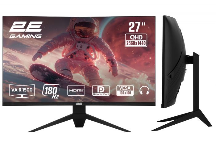 Монітор 2E GAMING 27" G2725BV HDMI, DP, VA, 2560x1440, 180Hz, 1ms, CURVED, FreeSync