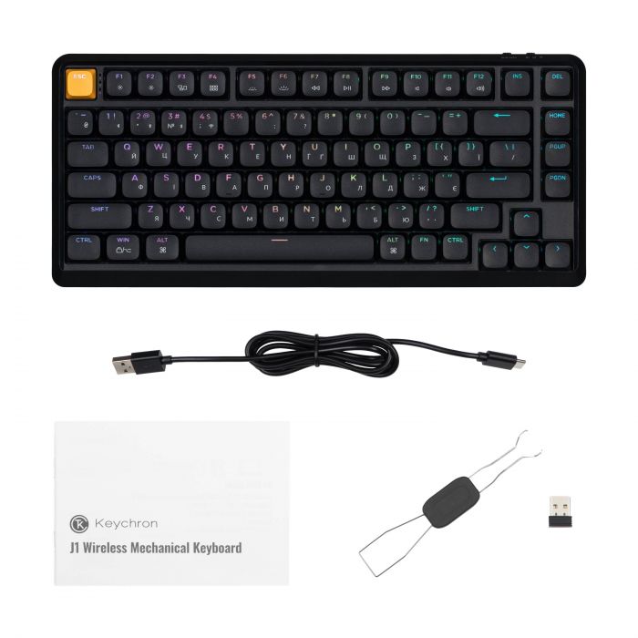 Клавіатура механічна Keychron J1 82Key, K pro Red, WL/BT/USB-A, QMK, Hot-swap, EN/UKR, RGB, чорний