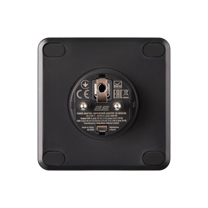 Адаптер мережевий 2E 3xТипF, 16A, 2xUSB-A, 1x USB-C фільтр, чорний