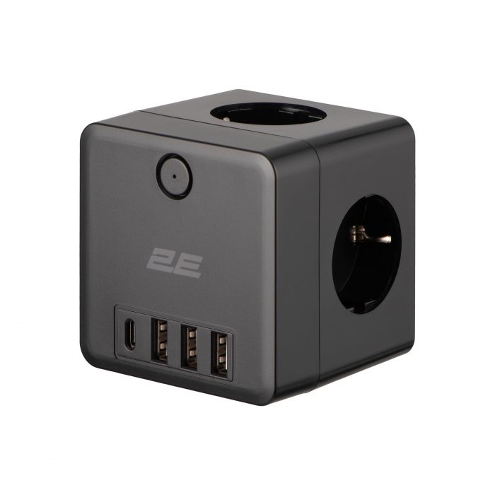 Адаптер мережевий 2E 3xТипF, 16A, 2xUSB-A, 1x USB-C фільтр, чорний