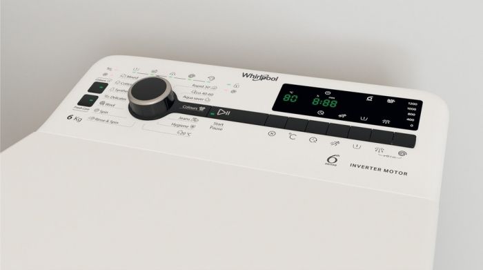 Пральна машина Whirlpool вертикальна, 6кг, 1200, B, 60см, дисплей, інвертор, білий