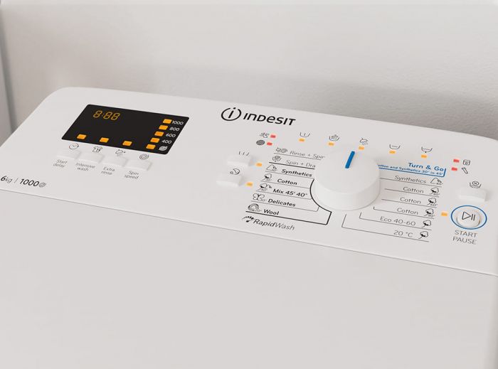 Пральна машина Indesit вертикальна, 6кг, 1000, C, 60см, дисплей, білий