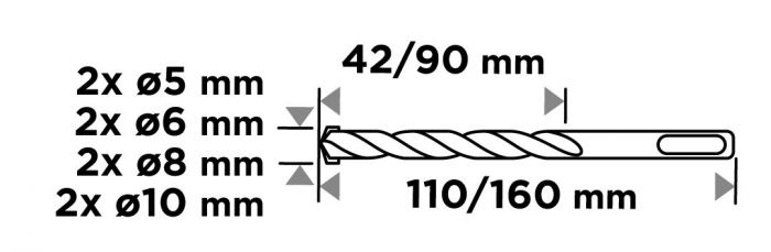 Набір свердел по бетону GRAPHITE SDS Plus 5x6x8х110мм, 5х6x8x10x160мм, кейс, 8шт