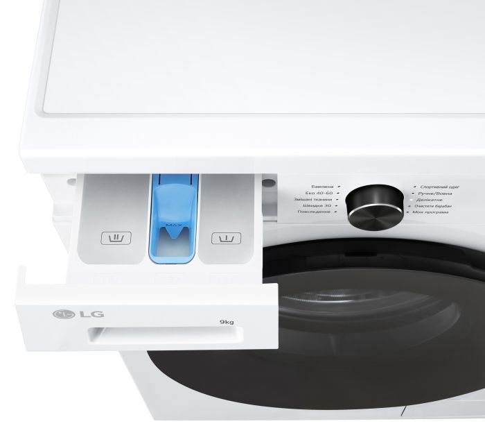 Пральна машина LG фронтальна, 9кг, 1400, A, 55см, дисплей, пара, інвертор, білий