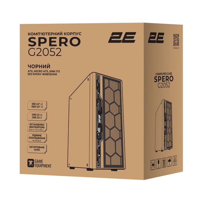 Корпус 2E GAMING Spero G2052 без БЖ 2xUSB3.0, 1xUSB2.0, 1x120мм ARGB, 2x120мм, VGA 345мм, LCS ready, TG Side Panel, ATX, чорний