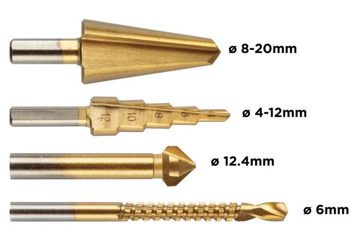 Набір свердл GRAPHITE TiN, ступінчасте свердло, розгортка, фреза, зенкер, 4шт, 0.098кг