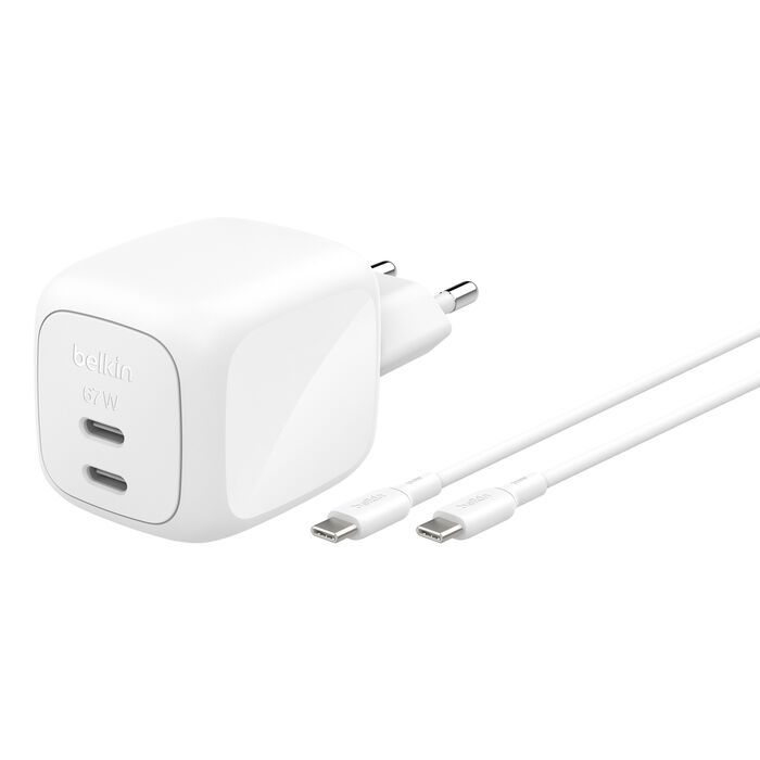 Зарядний пристрій мережевий Belkin 67Вт 2хUSB-С GAN PD PPS, кабель USB-С > USB-C, 2м, білий