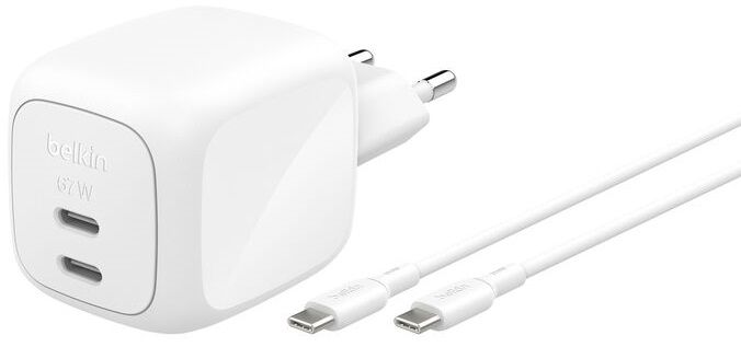 Зарядний пристрій мережевий Belkin 67Вт 2хUSB-С GAN PD PPS, кабель USB-С > USB-C, 2м, білий