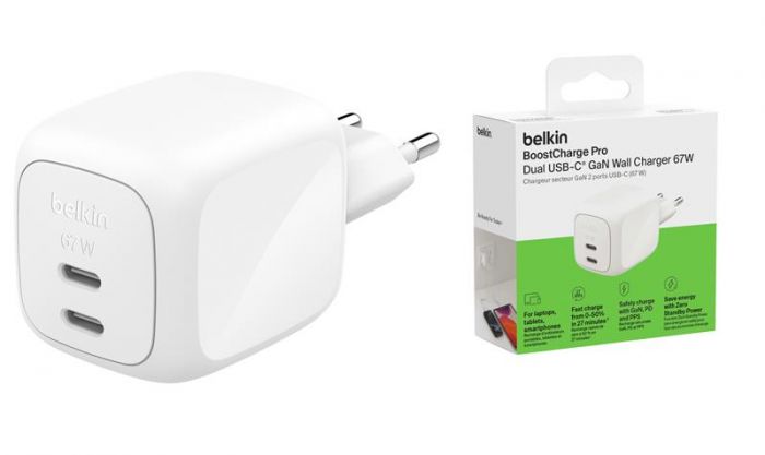 Зарядний пристрій мережевий Belkin 67Вт 2хUSB-С GAN PD PPS, білий