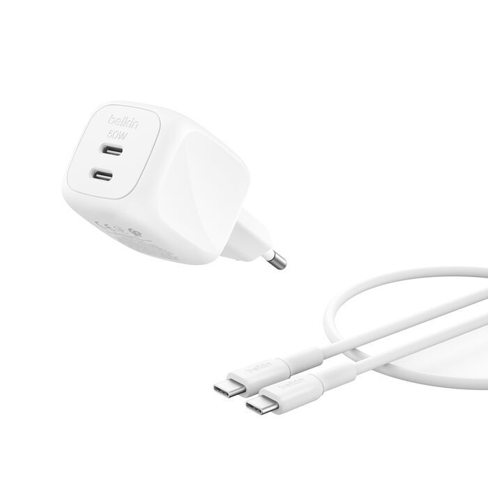 Зарядний пристрій мережевий Belkin 50Вт 2хUSB-С GAN PD PPS, кабель USB-С > USB-C, 1м, білий