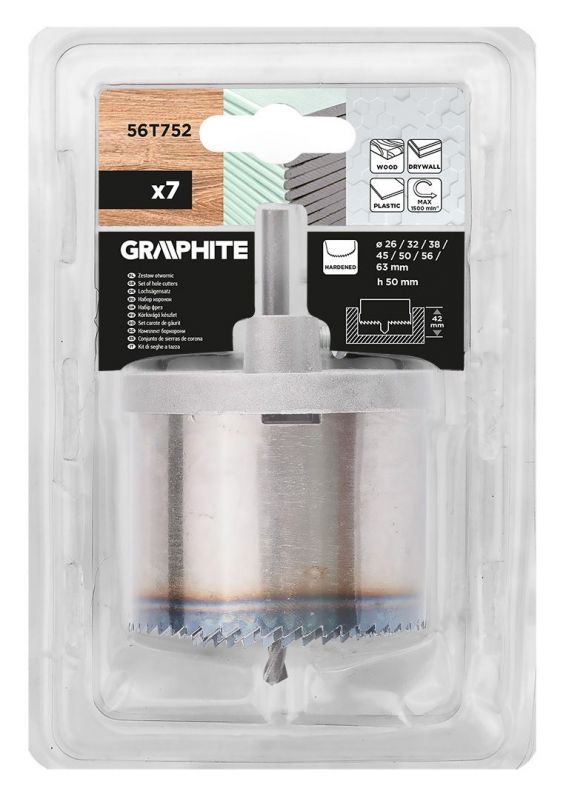 Коронки по дереву GRAPHITE загартовані зубці 26-63х50мм 7шт