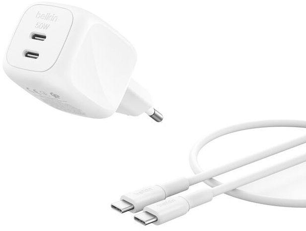 Зарядний пристрій мережевий Belkin 50Вт 2хUSB-С GAN PD PPS, кабель USB-С > USB-C, 1м, білий