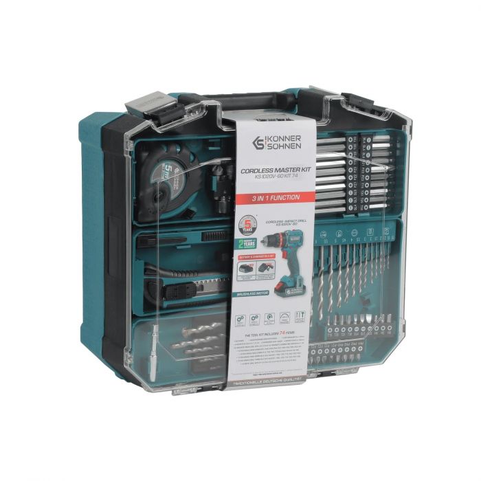 Шурупокрут-дриль ударний акумуляторний Konner&Sohnen KS ID20V-60 KIT 74 18В 1х2А·год 60Нм 0-450·0-1900об/хв LED-світло ЗП набір свердл і біт 74шт кейс 4.3кг