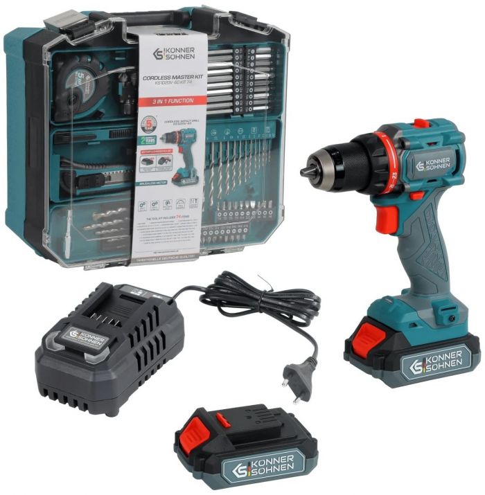 Шурупокрут-дриль ударний акумуляторний Konner&Sohnen KS ID20V-60 KIT 74 18В 1х2А·год 60Нм 0-450·0-1900об/хв LED-світло ЗП набір свердл і біт 74шт кейс 4.3кг