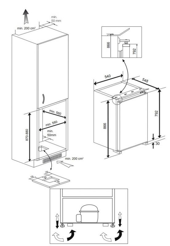 Холодильник Beko вбудований 86x55x55, xолод.відд.-97л, мороз.відд.-13л, 2дв., A+, E, білий