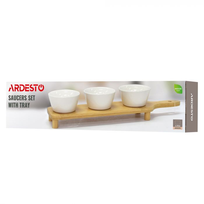 Набір соусників на підставці ARDESTO Midori, 3шт., 110мл, порцеляна, бамбук
