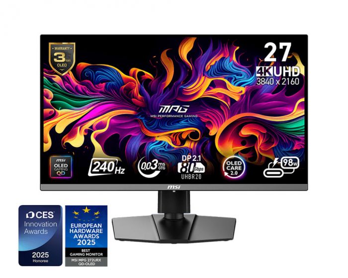 Монітор MSI 26.5" MPG 272URX QD-OLED 2xHDMI, DP, 2xUSB, USB-C, Audio, OLED, 3840x2160, 240Hz, 0.03ms, DCI-P3 99%, AdaptiveSync, Pivot, HDR400