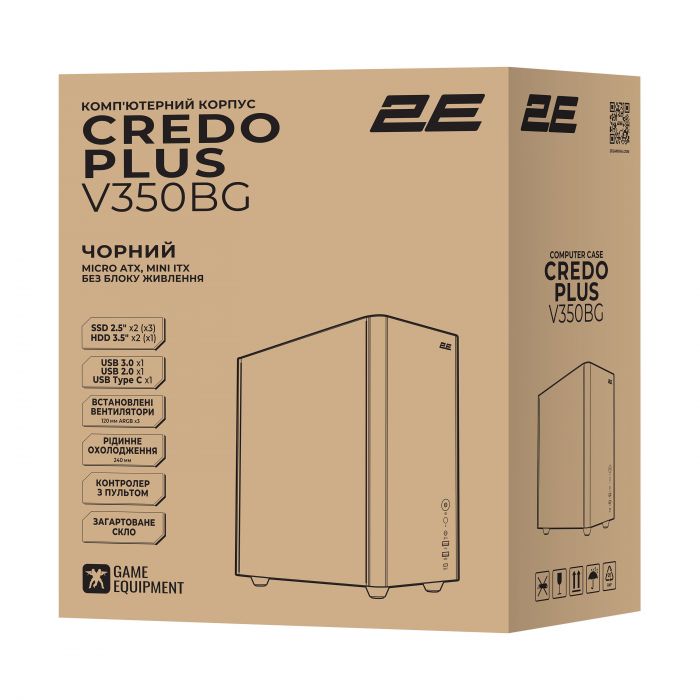 Корпус 2E Credo Plus V350BG без БЖ, 1xUSB3.0, 1х USB 2.0, 1xUSB Type-C, 3x120мм ARGB, VGA 350мм, LCS ready, контролер з пультом, TG Side Panel, mATX, чорний