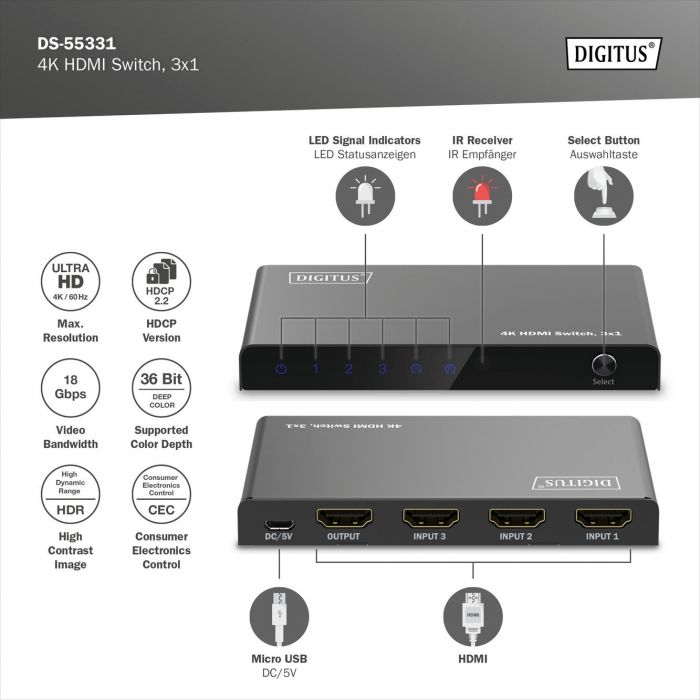 Відеокомутатор DIGITUS UHD HDMI (INx3 - OUTx1), 4K