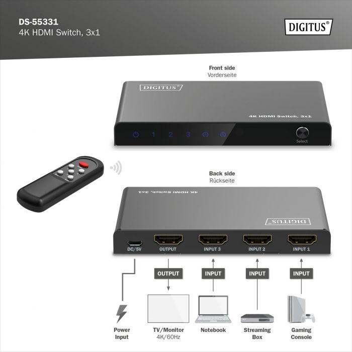 Відеокомутатор DIGITUS UHD HDMI (INx3 - OUTx1), 4K