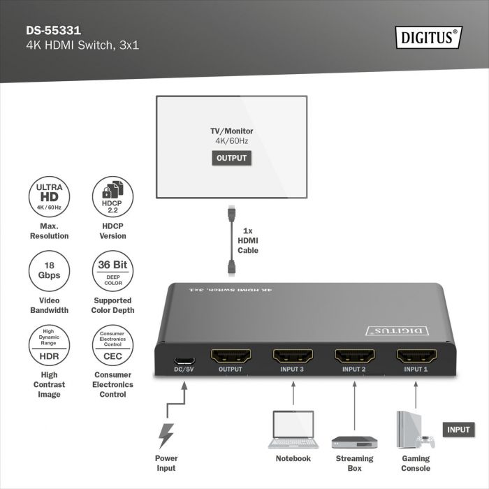Відеокомутатор DIGITUS UHD HDMI (INx3 - OUTx1), 4K