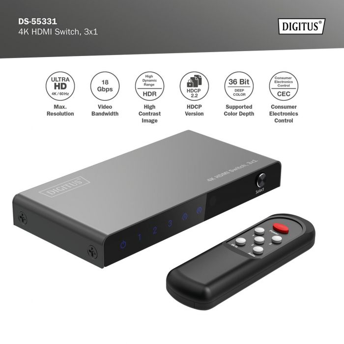 Відеокомутатор DIGITUS UHD HDMI (INx3 - OUTx1), 4K