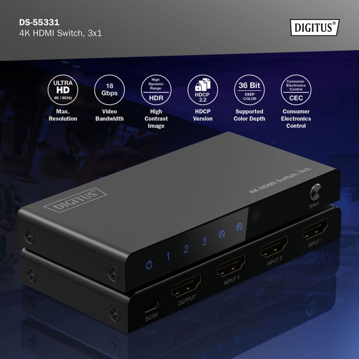 Відеокомутатор DIGITUS UHD HDMI (INx3 - OUTx1), 4K
