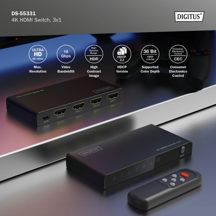 Відеокомутатор DIGITUS UHD HDMI (INx3 - OUTx1), 4K