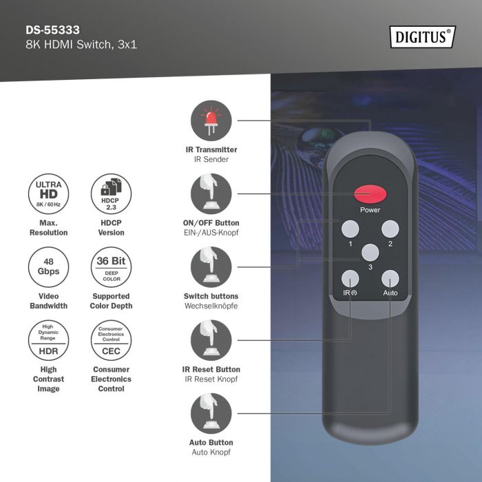 Відеокомутатор DIGITUS UHD HDMI (INx3 - OUTx1), 8K