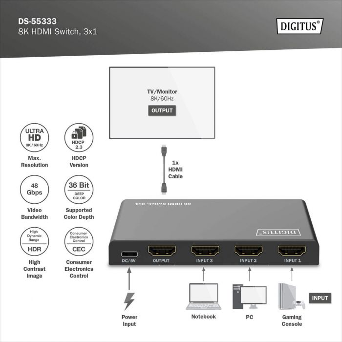 Відеокомутатор DIGITUS UHD HDMI (INx3 - OUTx1), 8K
