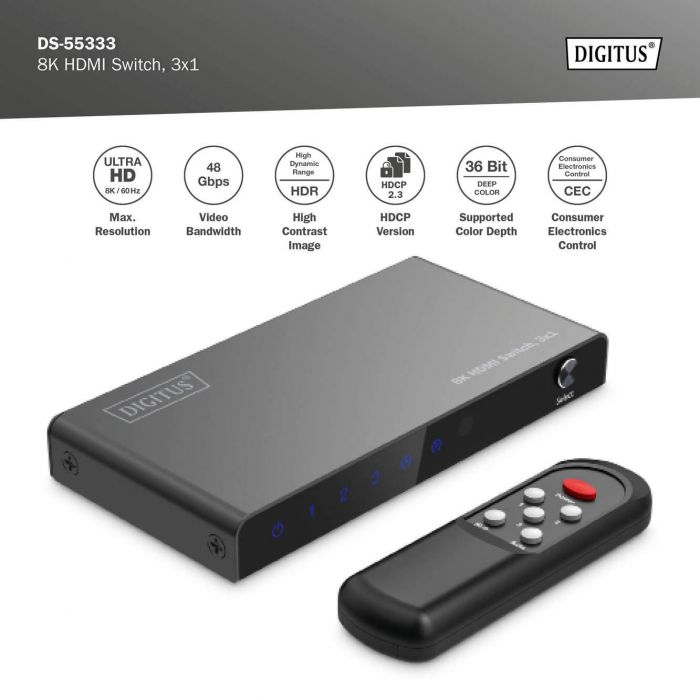 Відеокомутатор DIGITUS UHD HDMI (INx3 - OUTx1), 8K