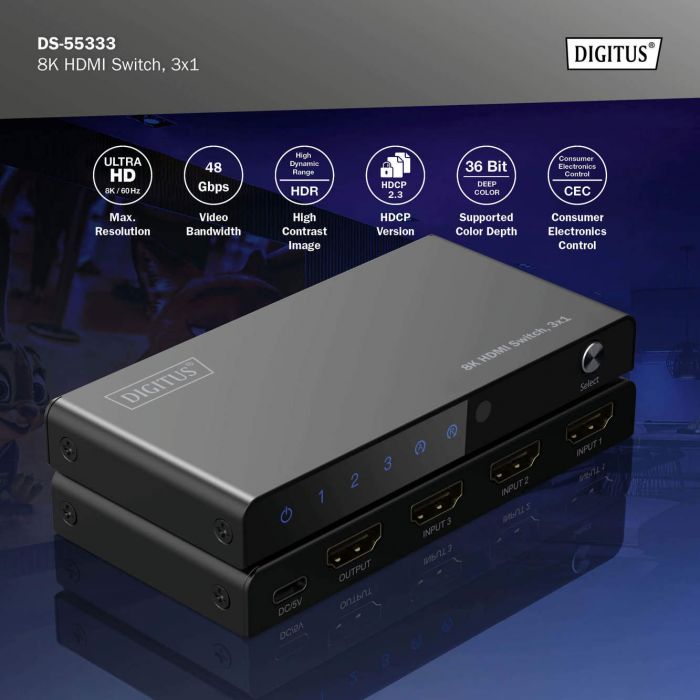Відеокомутатор DIGITUS UHD HDMI (INx3 - OUTx1), 8K