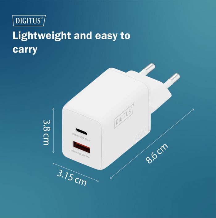 Зарядний пристрій DIGITUS GaN 1хUSB-C, 1хUSB-A, 45W