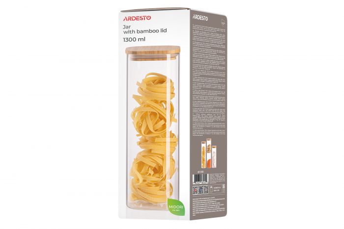 Банка для зберігання ARDESTO Midori 1300мл, скло, бамбук, квадратна, прозорий