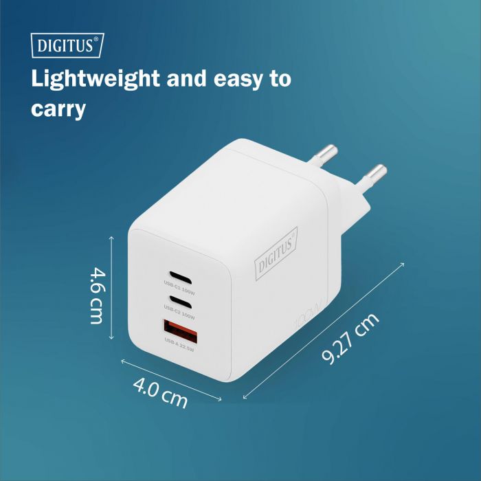 Зарядний пристрій DIGITUS GaN 2хUSB-C, 1хUSB-A, 100W