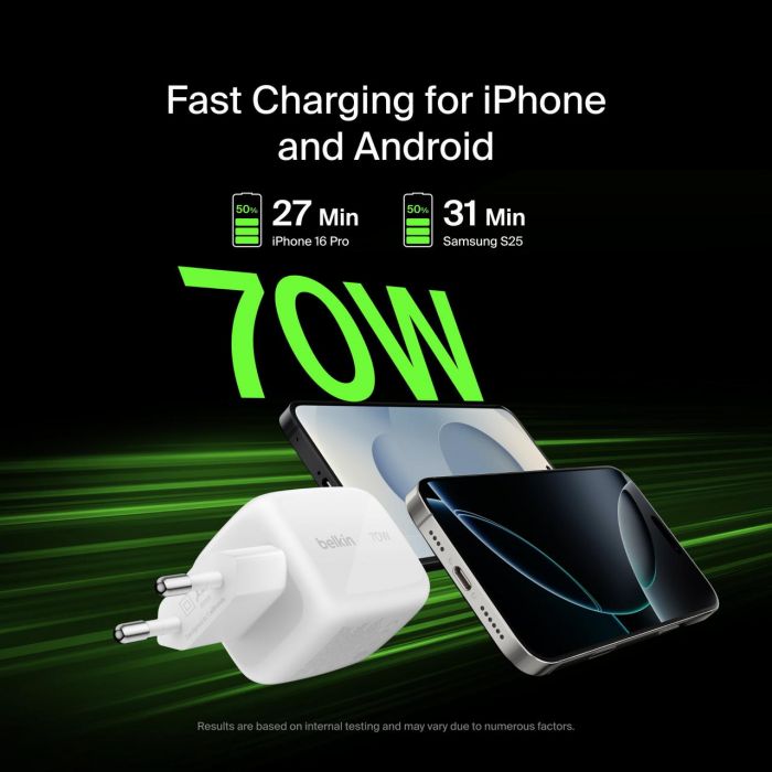 Зарядний пристрій мережевий Belkin 70Вт 2хUSB-С/USB-A GAN PD PPS, білий