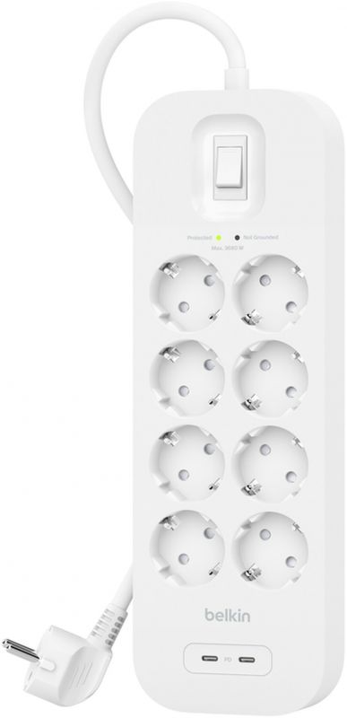 Подовжувач мережевий Belkin 2м, 8хТип, 16А, USB-С/USB-C 30Вт, фільтр, білий